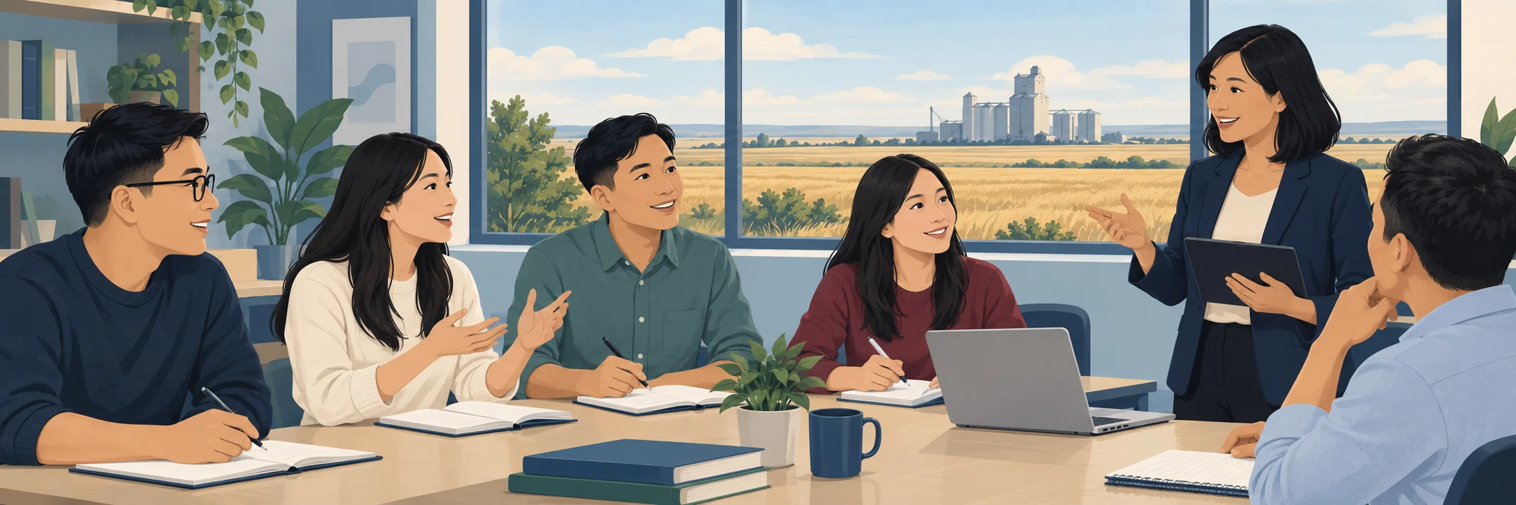 Illustration of adult learners discussing workplace preparation in a classroom overlooking a prairie landscape